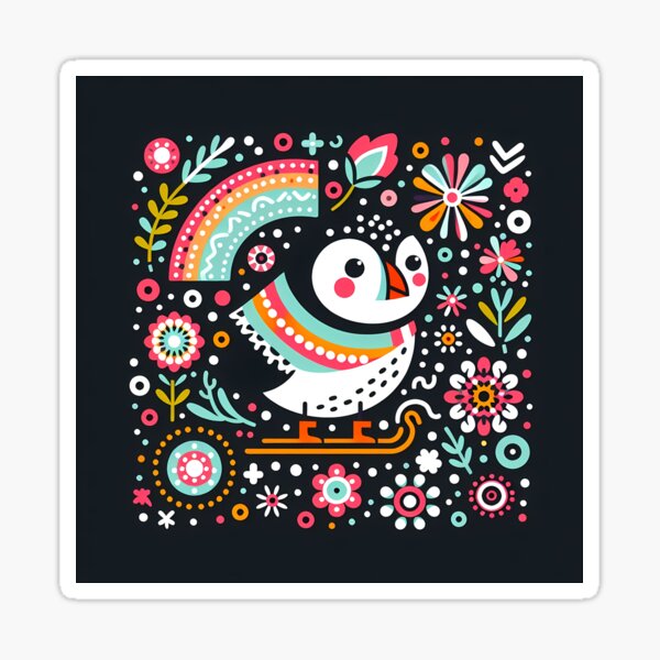 Item preview, Scandinavian Folk Art Puffin – Black, Coral, Festive Joy by heidiannemorris designed and sold by FOLK ART FUSION by heidiannemorris.