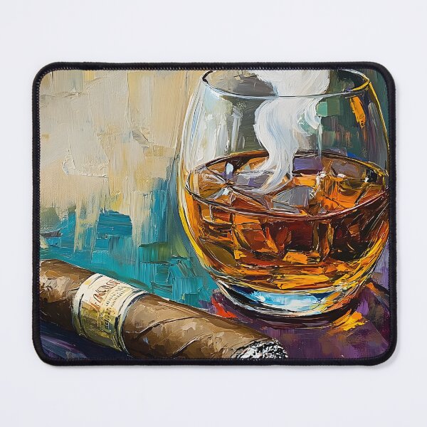 Item preview, Celebrate Sophisticated Enjoyment - Whisky Glass with Wisps of Smoke and Cigar on Vibrant Surface designed and sold by OlfactoART Studio.