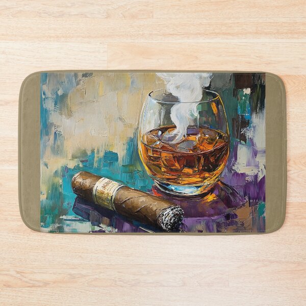 Item preview, Celebrate Sophisticated Enjoyment - Whisky Glass with Wisps of Smoke and Cigar on Vibrant Surface designed and sold by OlfactoART Studio.