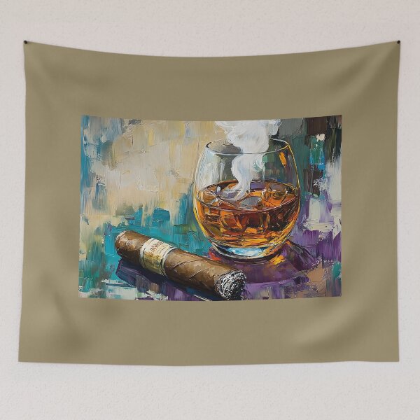 Item preview, Celebrate Sophisticated Enjoyment - Whisky Glass with Wisps of Smoke and Cigar on Vibrant Surface designed and sold by OlfactoART Studio.