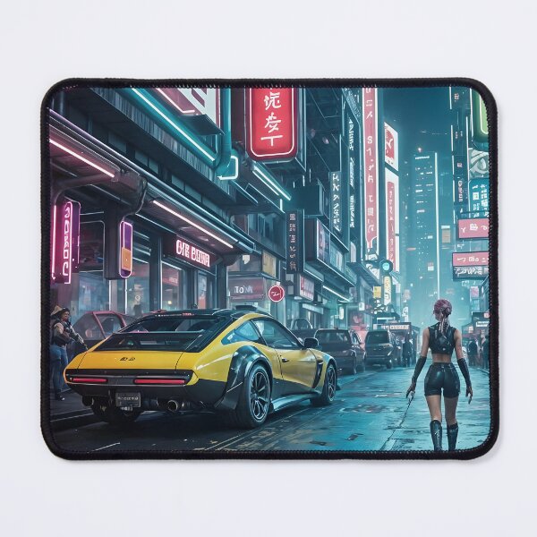 Item preview, Cyberpunk Cityscape with Yellow Sports Car designed and sold by Ink Art Design.