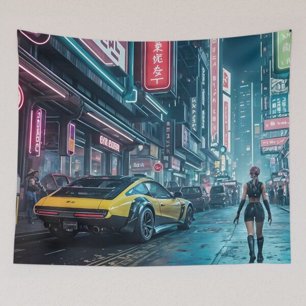 Item preview, Cyberpunk Cityscape with Yellow Sports Car designed and sold by Ink Art Design.