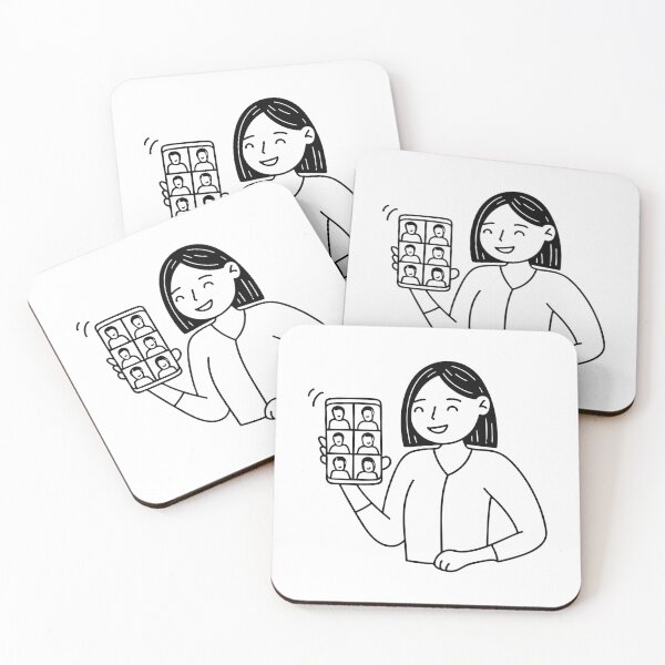 Item preview, Illustration of a person holding a smartphone, screen shows smiling faces in video call grid designed and sold by rasagamastore.