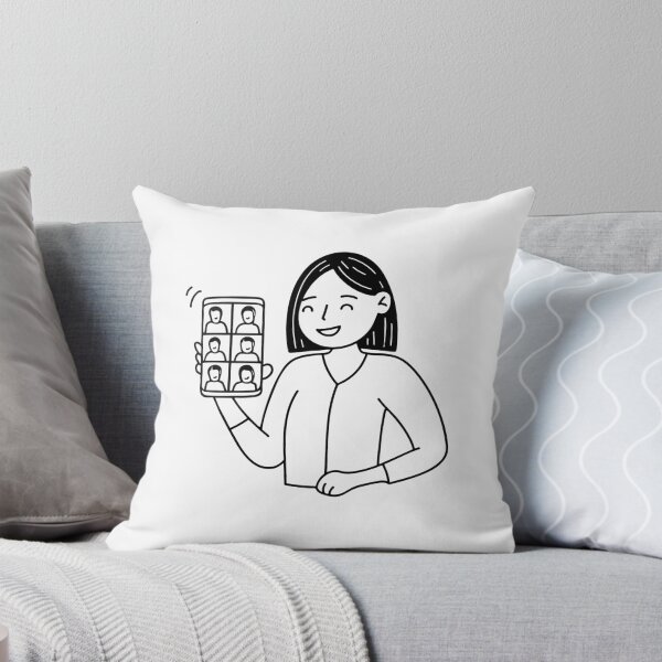 Item preview, Illustration of a person holding a smartphone, screen shows smiling faces in video call grid designed and sold by rasagamastore.