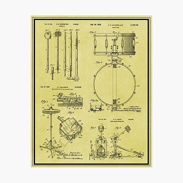 Awesome Gift For The Drummer Vintage Drum Kit Patent Print Photographic Print