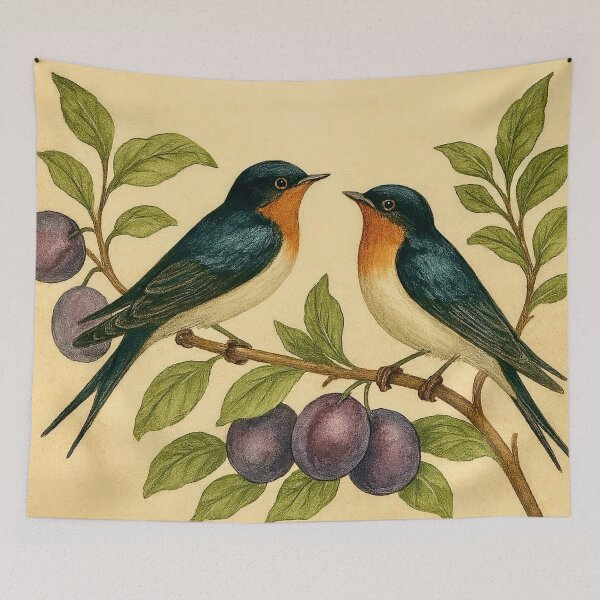 Item preview, Two swallows sit between the plums designed and sold by Steffani Lehmann.