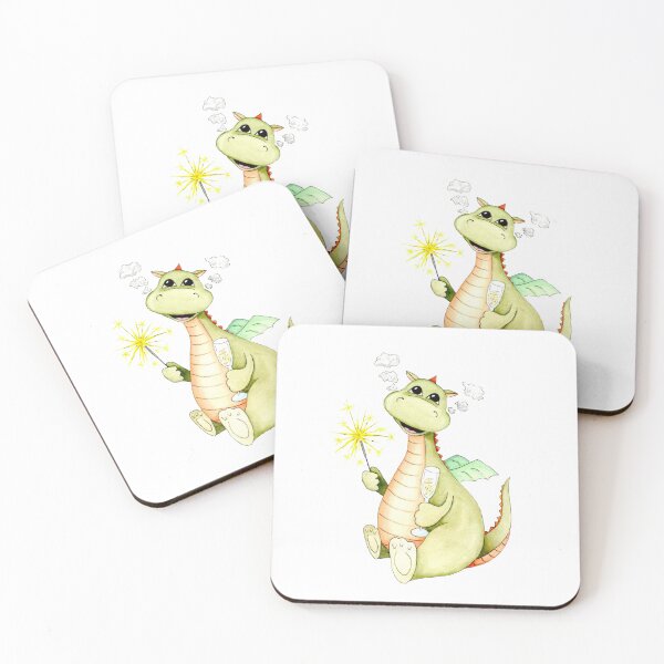 Item preview, Cute watercolor green dragon with sparkles and glass of champagne  designed and sold by MilediVinter.