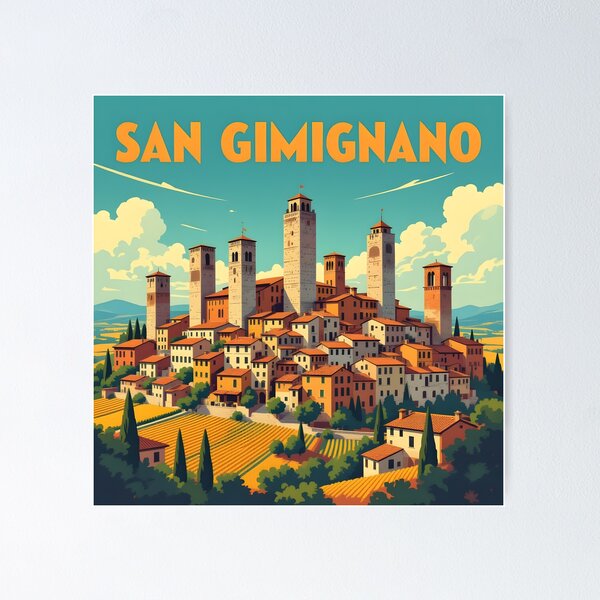 Aperçu de l'œuvre San Gimignano : affiche de voyage picturale de style vintage créée et vendue par LSVart.