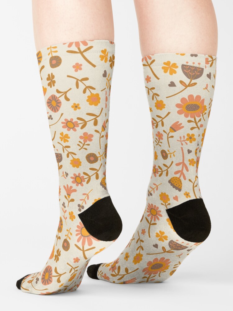 Thumbnail 4 of 5, Socks, Folk Floral Scatter, peach and Clementine on cream - floral pattern by Cecca Designs designed and sold by Cecca-Designs.