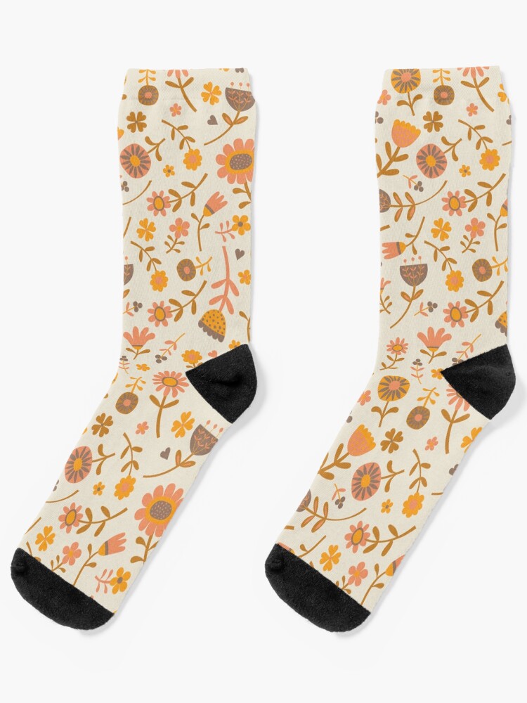 Thumbnail 1 of 5, Socks, Folk Floral Scatter, peach and Clementine on cream - floral pattern by Cecca Designs designed and sold by Cecca-Designs.