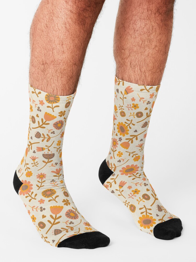 Thumbnail 3 of 5, Socks, Folk Floral Scatter, peach and Clementine on cream - floral pattern by Cecca Designs designed and sold by Cecca-Designs.