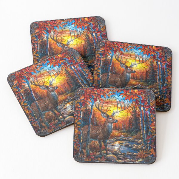 Item preview, Deer in Autumn Mountains Stained Glass Style with River Scene designed and sold by MargaretWiktor.
