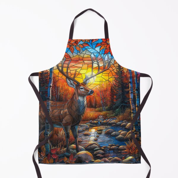 Item preview, Deer in Autumn Mountains Stained Glass Style with River Scene designed and sold by MargaretWiktor.