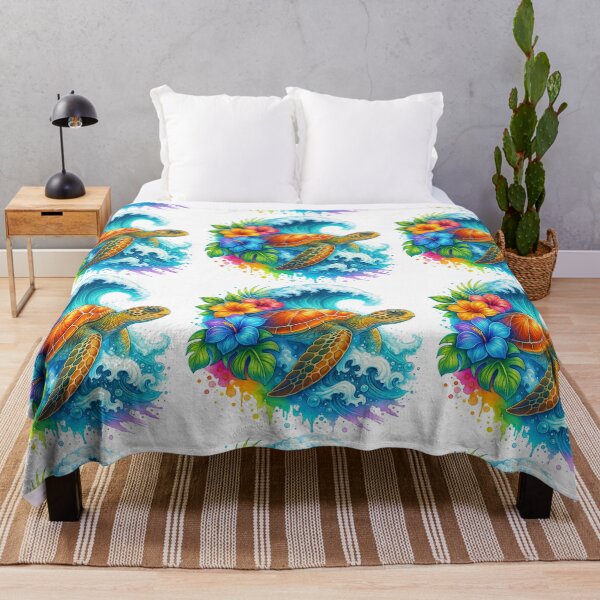 Item preview, Tropical Sea Turtle with Hibiscus Flowers and Ocean Wave designed and sold by ArtfulWeave.