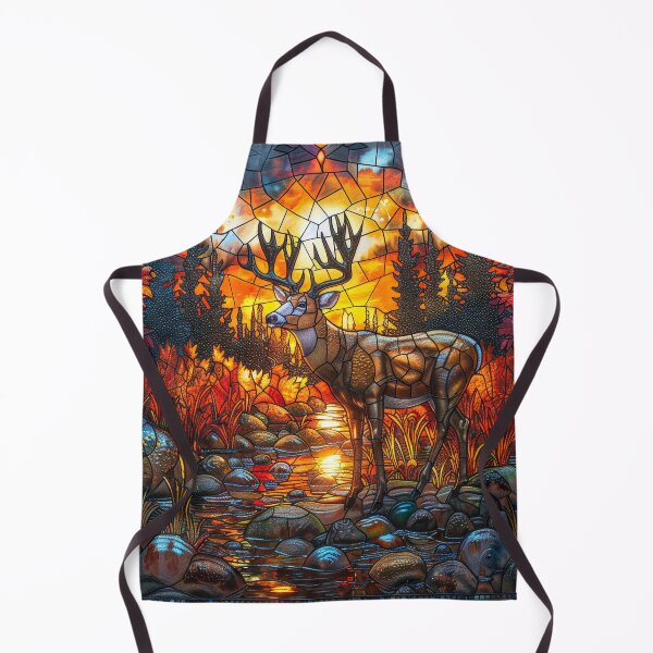 Item preview, Deer in Autumn Mountains Stained Glass Style with River Scene designed and sold by MargaretWiktor.