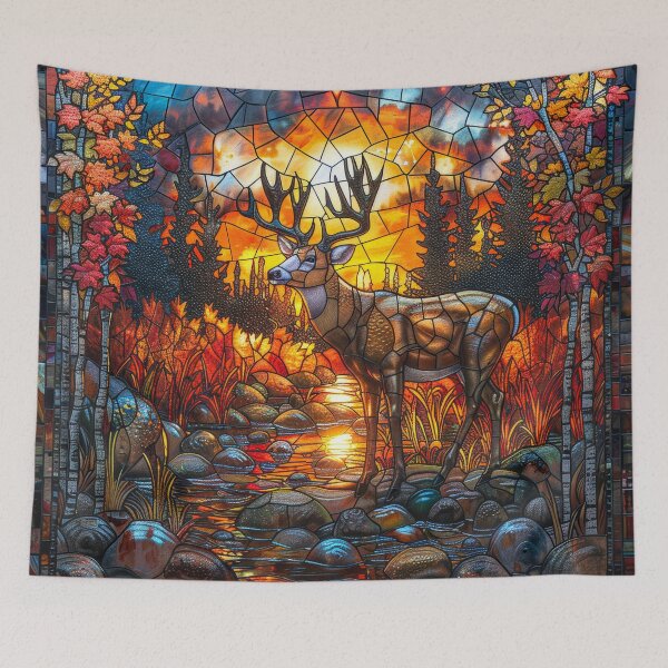 Item preview, Deer in Autumn Mountains Stained Glass Style with River Scene designed and sold by MargaretWiktor.