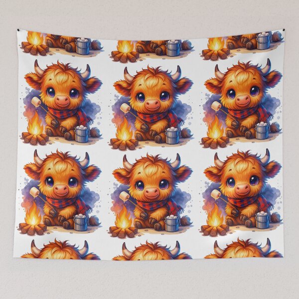 Item preview, Cute Highland Cow Roasting Marshmallow by Campfire designed and sold by ArtfulWeave.