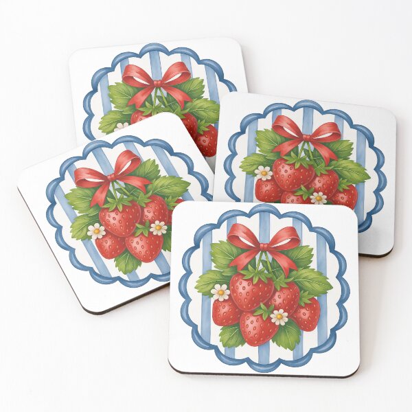 Item preview, Strawberries with Red Bow and Blue Striped Frame designed and sold by ArtfulWeave.