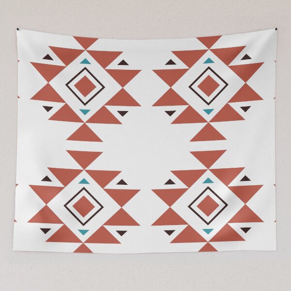 Aperçu de l'œuvre Symbole aztèque triangulaire en terre cuite – Découpe géométrique rouge, bleu et marron créée et vendue par EmeraldeaArt.