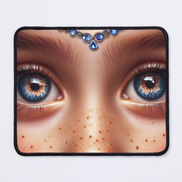 Item preview, Elven Child Close-Up – Freckled Face with Blue Jewel and Ancient Eyes designed and sold by EmeraldeaArt.
