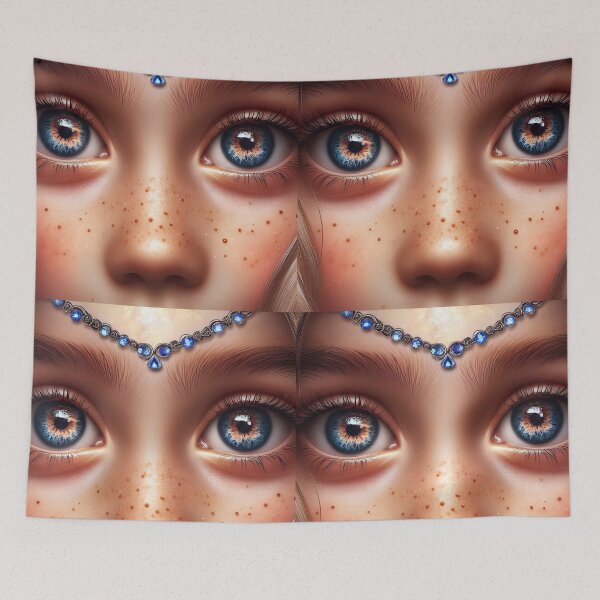 Item preview, Elven Child Close-Up – Freckled Face with Blue Jewel and Ancient Eyes designed and sold by EmeraldeaArt.