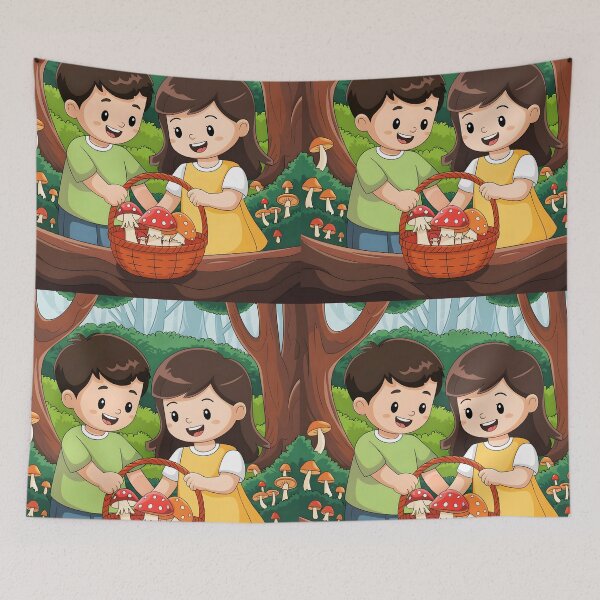 Item preview, Kids Collecting Mushrooms – Cute Storybook Forest Scene designed and sold by EmeraldeaArt.