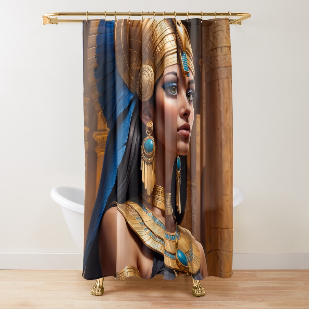 The Majestic Golden Headdress Queen Lyraethia Captivating AI Concept Art by Xzendor7 Decorative Art Print Shower Curtain