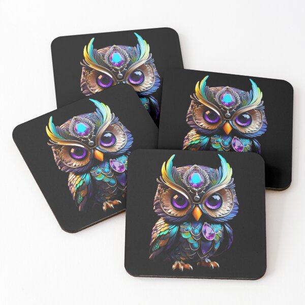 Item preview, Cyberpunk Chibi Owl  – Neon Peacock Feathers - Amethyst V1 designed and sold by Mood-Natural.