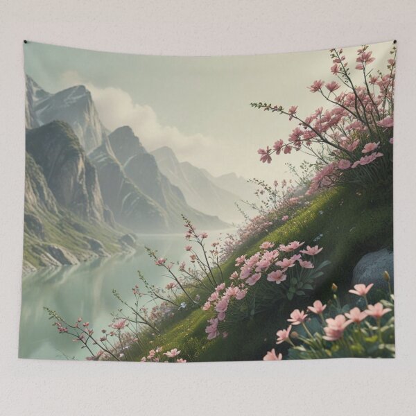 Aperçu de l'œuvre Lac de montagne paisible avec des fleurs sauvages roses en fleurs créée et vendue par Uniquely Yours.
