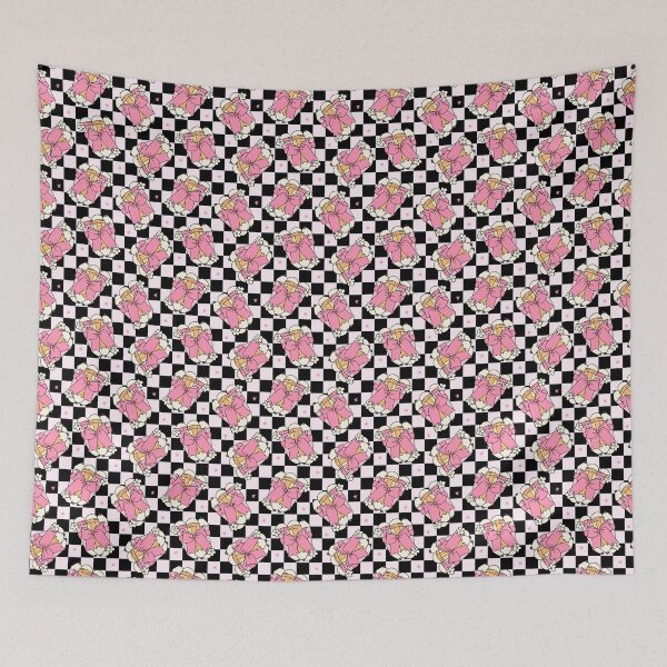 Item preview, Kawaii Pink Bow Pencil Checkerboard Pattern – Cute Back to School Drawstring Bag designed and sold by FestivityFinds.