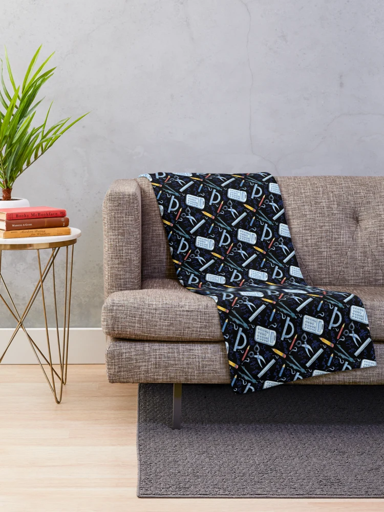 Thumbnail 2 of 6, Throw Blanket, Watercolor Math Tools Pattern Desk Mat – STEM Equations Calculator Ruler Geometry Design designed and sold by FestivityFinds.