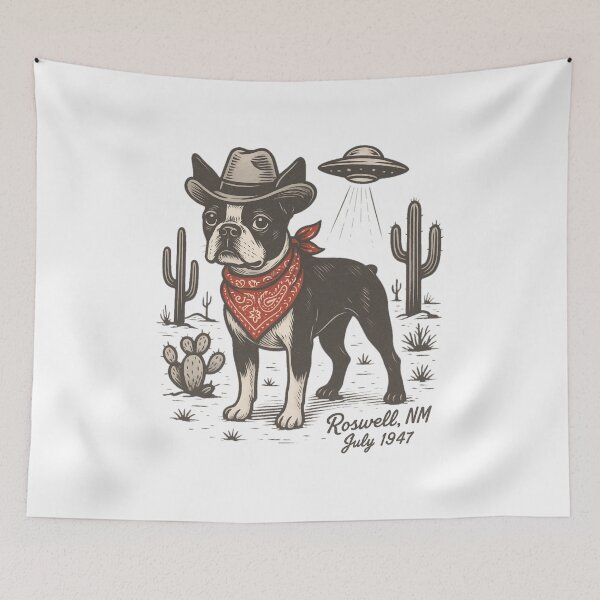 Item preview, Cowboy Boston Terrier with UFO in Roswell Desert designed and sold by Sonchai Paladsai.