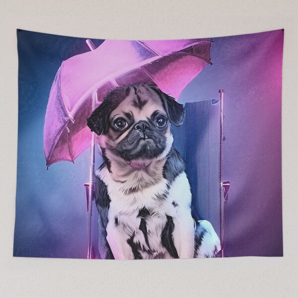 Item preview, Pug sitting under a pink umbrella designed and sold by Jennifer Morcom.