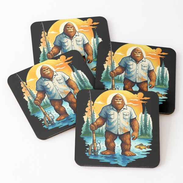 Item preview, Retro Bigfoot Fishing Sunset Wilderness Scene with Forest and Trout designed and sold by haitrieuic96.