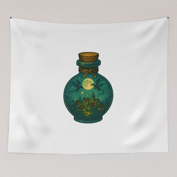 Item preview, Moonlit Dragon Village in a Bottle – Fantasy Night Scene Art designed and sold by Papurica.