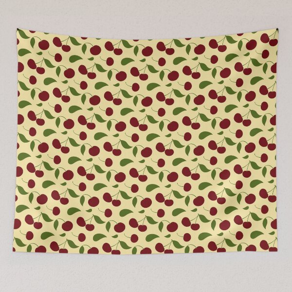 Item preview, Cherries & Leaves Seamless Pattern – Retro Fruit Design on Butter Yellow designed and sold by AlenaArtStudio.