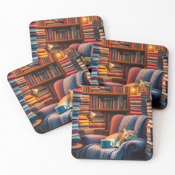 Item preview, Lush 3D Render of a Highly Detailed Hyperrealistic Cozy Reading Nook with Bookshelves and Sleeping Cat designed and sold by Jayara [Born To Reign].