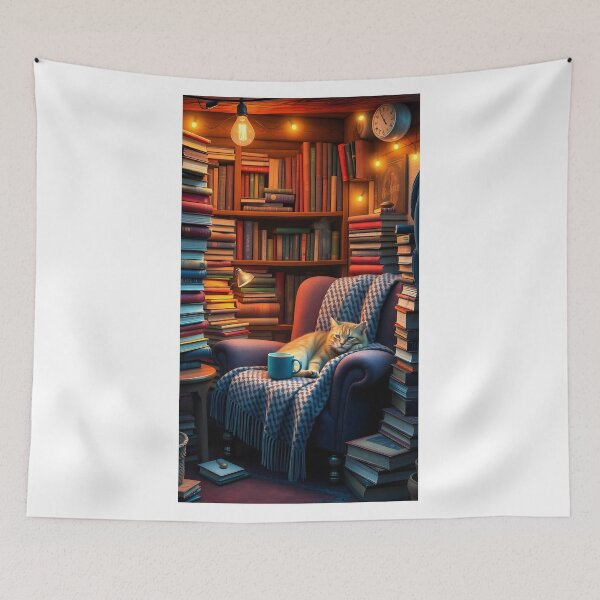 Item preview, Lush 3D Render of a Highly Detailed Hyperrealistic Cozy Reading Nook with Bookshelves and Sleeping Cat designed and sold by Jayara [Born To Reign].