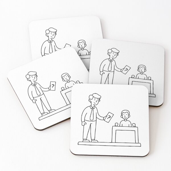 Item preview, Illustration of a game show host holding a question card, facing a contestant at a podium with buzzer designed and sold by rasagamastore.