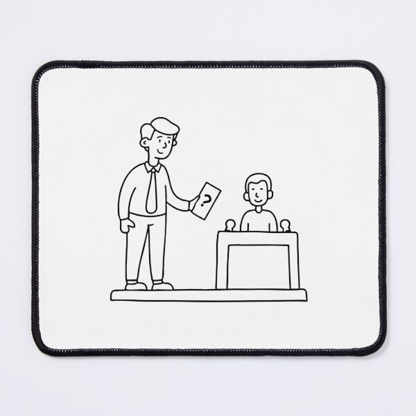 Item preview, Illustration of a game show host holding a question card, facing a contestant at a podium with buzzer designed and sold by rasagamastore.