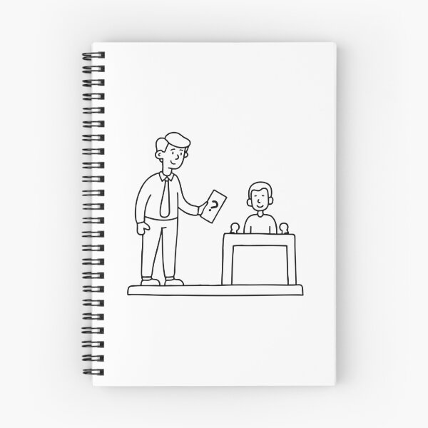 Item preview, Illustration of a game show host holding a question card, facing a contestant at a podium with buzzer designed and sold by rasagamastore.