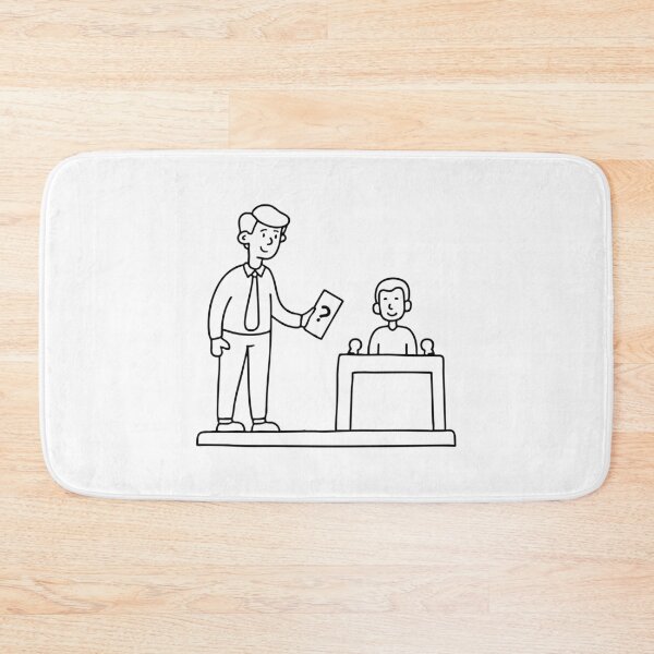 Item preview, Illustration of a game show host holding a question card, facing a contestant at a podium with buzzer designed and sold by rasagamastore.