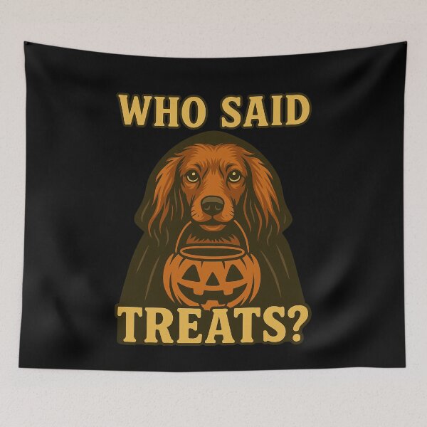 Artikelvorschau, Langhaariger Dackel Halloween Who Said Treats Kürbis Hexenkostüm Mama Papa Kinder entworfen und verkauft von FurryHavenPH.