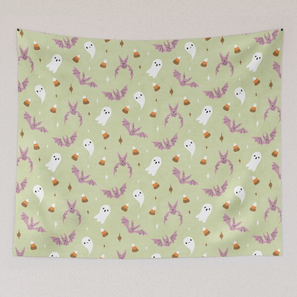 Item preview, Vintage Halloween Pattern with Purple Bats and Ghosts on Green designed and sold by namibear.