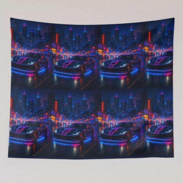 Item preview, Neon Lit Supercar Roaring in Nighttime City designed and sold by RevUpDesign.