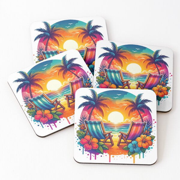 Item preview, Tropical Beach Sunset with Palm Trees and Chairs designed and sold by ArtfulWeave.