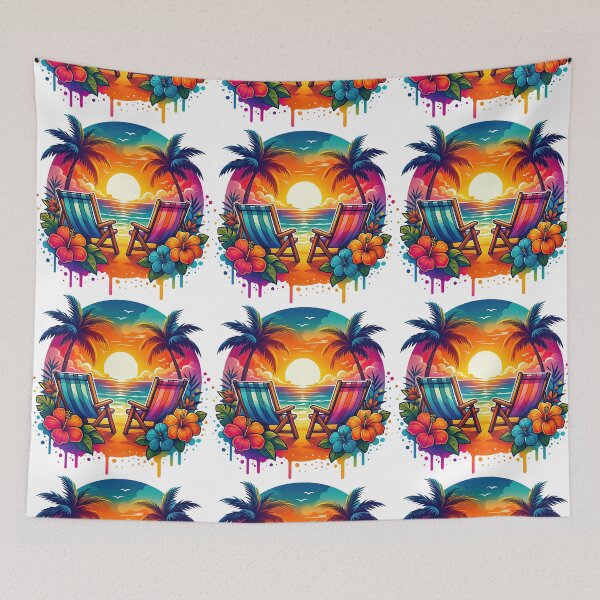 Item preview, Tropical Beach Sunset with Palm Trees and Chairs designed and sold by ArtfulWeave.