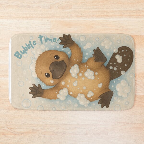 Item preview, Cute Baby platypus Bath Mat – Otter Bubble Bath Illustration for Bathroom Decor designed and sold by Thehatinthecat.