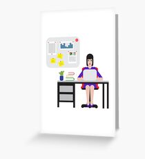 Girl sitting at the table and working on laptop. Greeting Card
