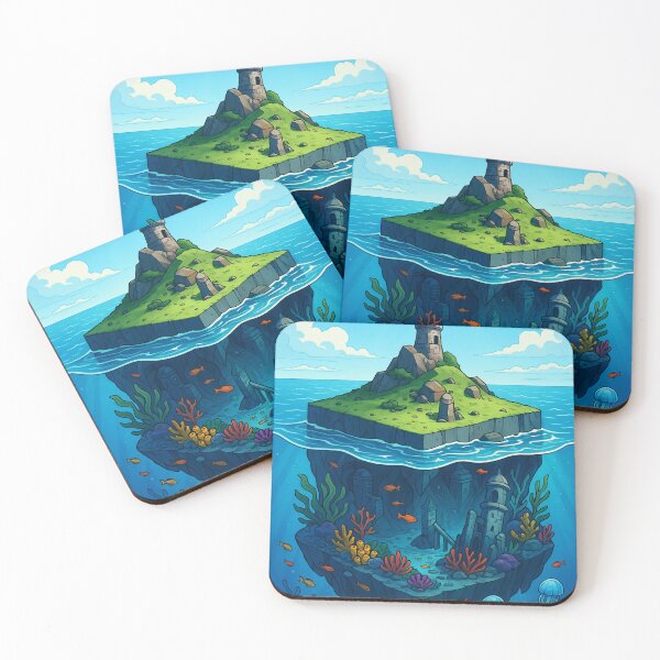 Item preview, Floating Ocean Island – Isometric Coral Reef Cube with Lighthouse designed and sold by InspireHaven.